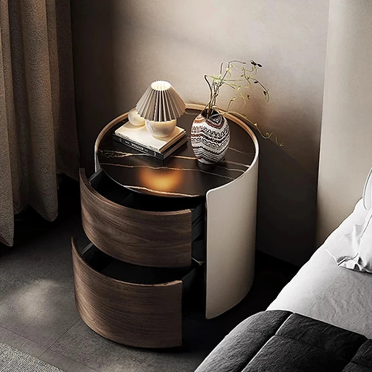 Stylish Modern Bedside Cupboard with Sintered Stone Top & PU Leather Accents - Perfect for Your Bedroom Decor fhx-4573