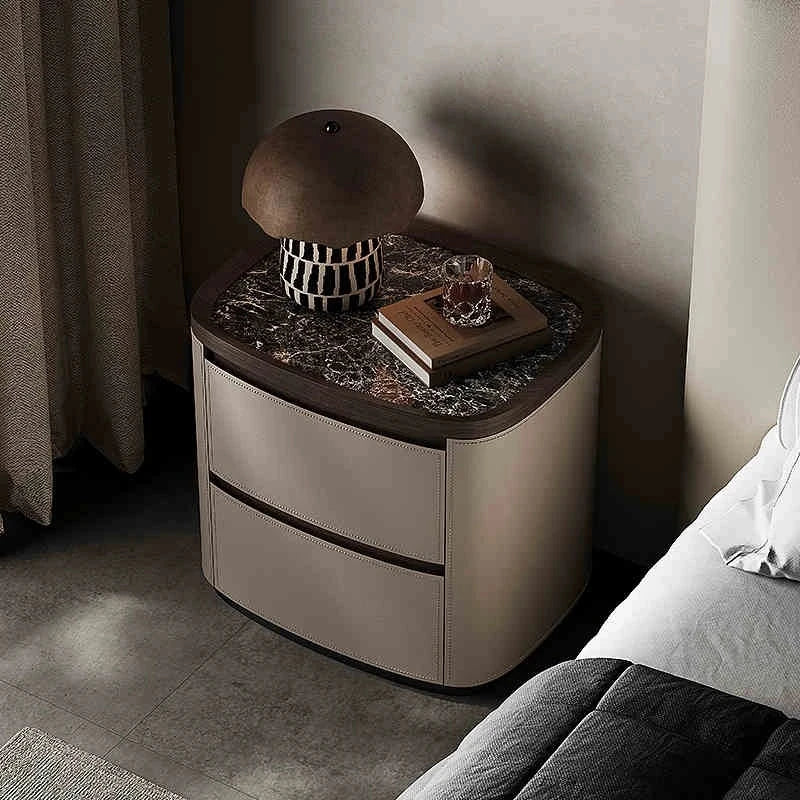 Elegant Bedside Cupboard with Sintered Stone Top and Synthetic Leather Finish - Modern Nightstand for Stylish Bedroom Decor fhx-4574