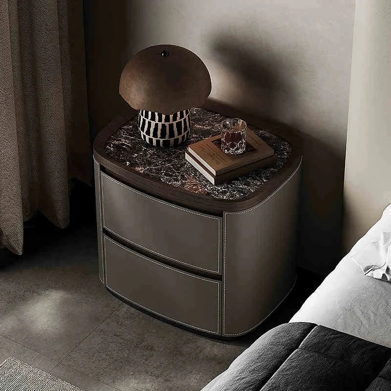 Elegant Bedside Cupboard with Sintered Stone Top and Synthetic Leather Finish - Modern Nightstand for Stylish Bedroom Decor fhx-4574