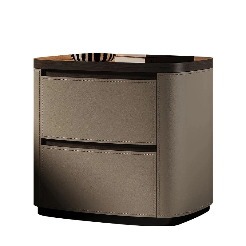 Elegant Bedside Cupboard with Sintered Stone Top and Synthetic Leather Finish - Modern Nightstand for Stylish Bedroom Decor fhx-4574