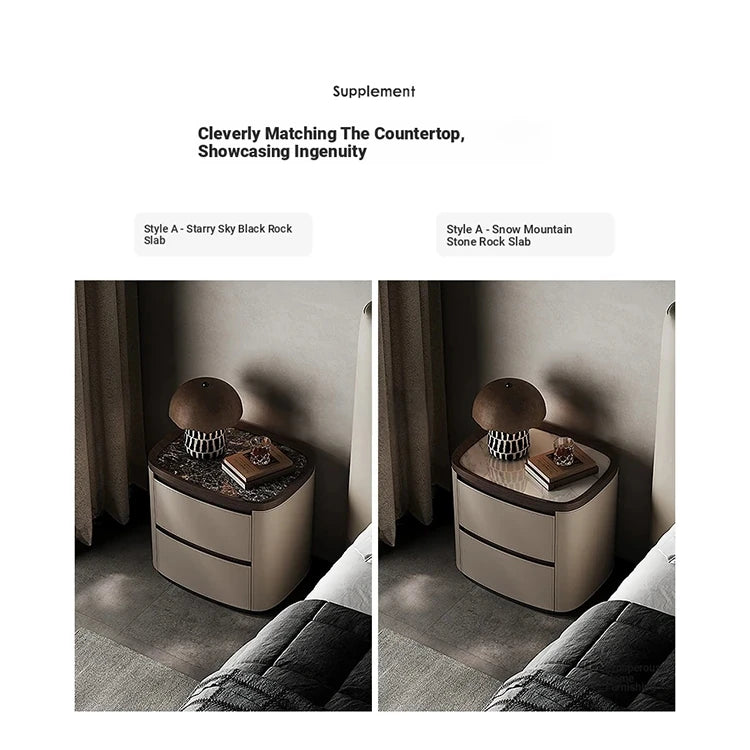 Elegant Bedside Cupboard with Sintered Stone Top and Synthetic Leather Finish - Modern Nightstand for Stylish Bedroom Decor fhx-4574