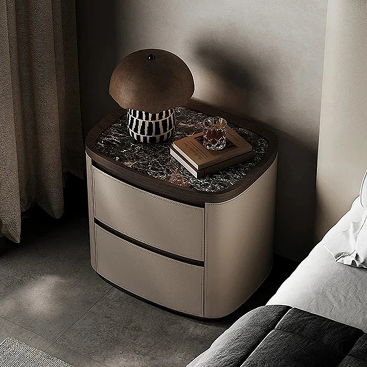 Elegant Bedside Cupboard with Sintered Stone Top and Synthetic Leather Finish - Modern Nightstand for Stylish Bedroom Decor fhx-4574