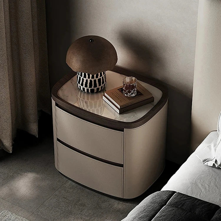 Elegant Bedside Cupboard with Sintered Stone Top and Synthetic Leather Finish - Modern Nightstand for Stylish Bedroom Decor fhx-4574