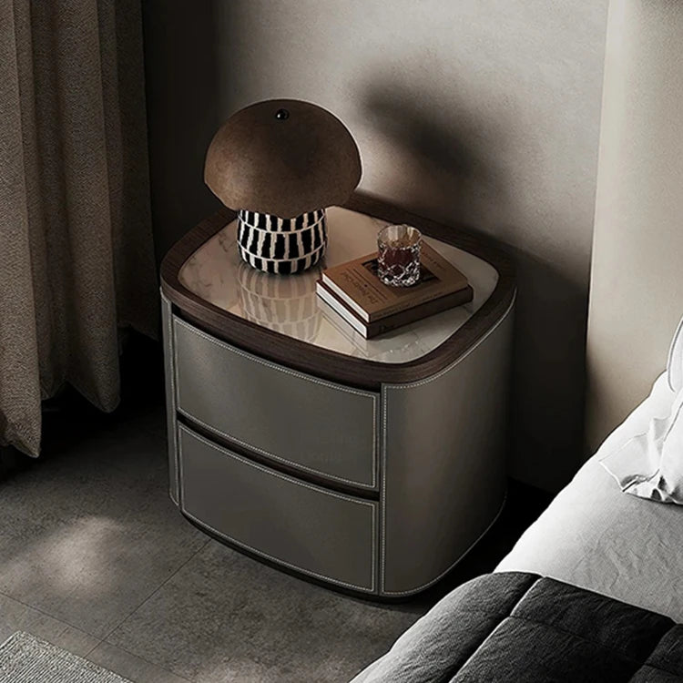 Elegant Bedside Cupboard with Sintered Stone Top and Synthetic Leather Finish - Modern Nightstand for Stylish Bedroom Decor fhx-4574