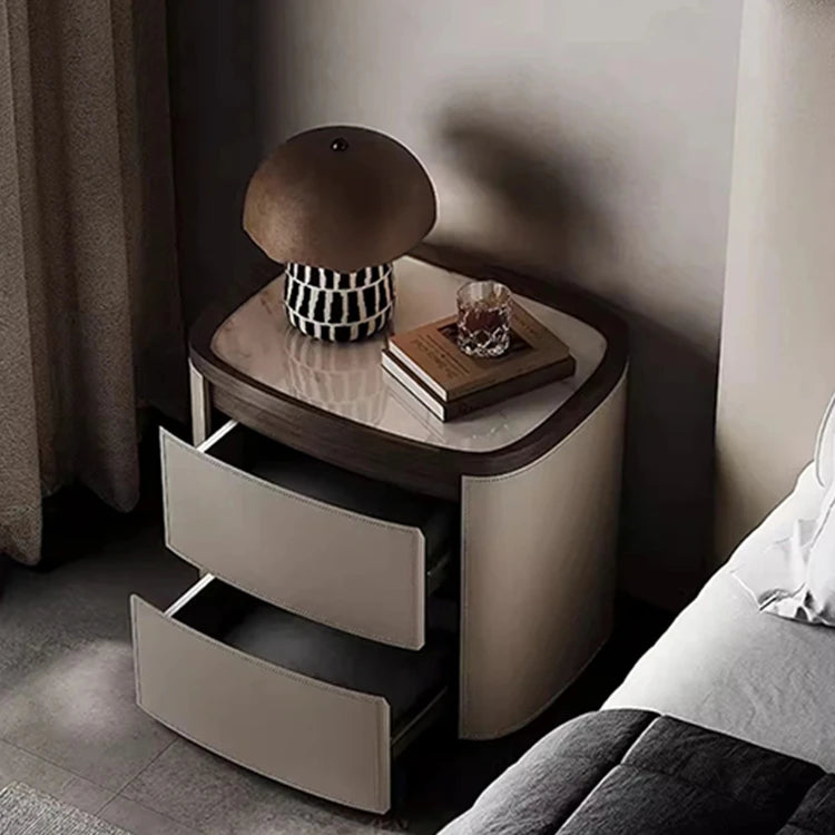 Elegant Bedside Cupboard with Sintered Stone Top and Synthetic Leather Finish - Modern Nightstand for Stylish Bedroom Decor fhx-4574