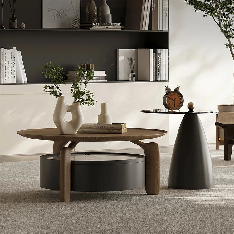 Elegant Sintered Stone Coffee Table with Pine Ash Wood and Tempered Glass - Modern Living Room Furniture with Storage Drawer fjd-4689