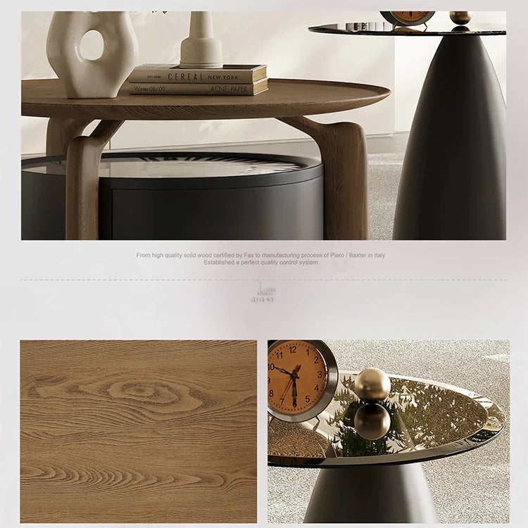 Elegant Sintered Stone Coffee Table with Pine Ash Wood and Tempered Glass - Modern Living Room Furniture with Storage Drawer fjd-4689