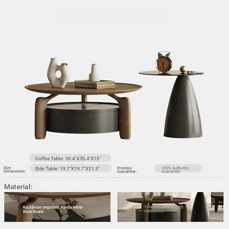 Elegant Sintered Stone Coffee Table with Pine Ash Wood and Tempered Glass - Modern Living Room Furniture with Storage Drawer fjd-4689