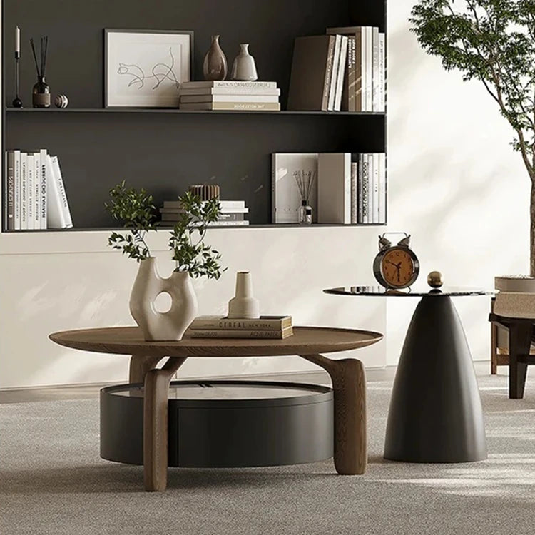 Elegant Sintered Stone Coffee Table with Pine Ash Wood and Tempered Glass - Modern Living Room Furniture with Storage Drawer fjd-4689