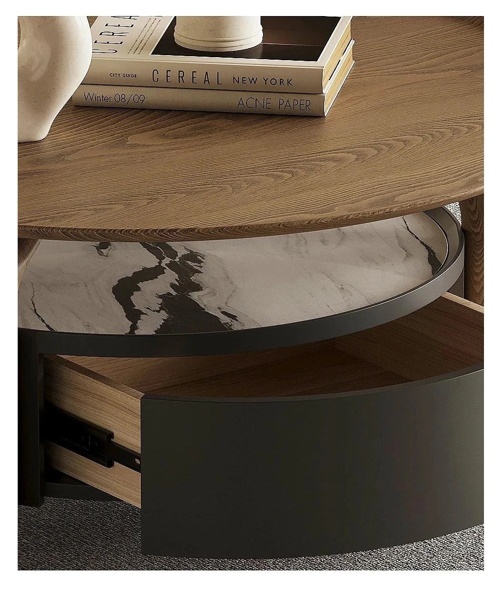 Elegant Sintered Stone Coffee Table with Pine Ash Wood and Tempered Glass - Modern Living Room Furniture with Storage Drawer fjd-4689