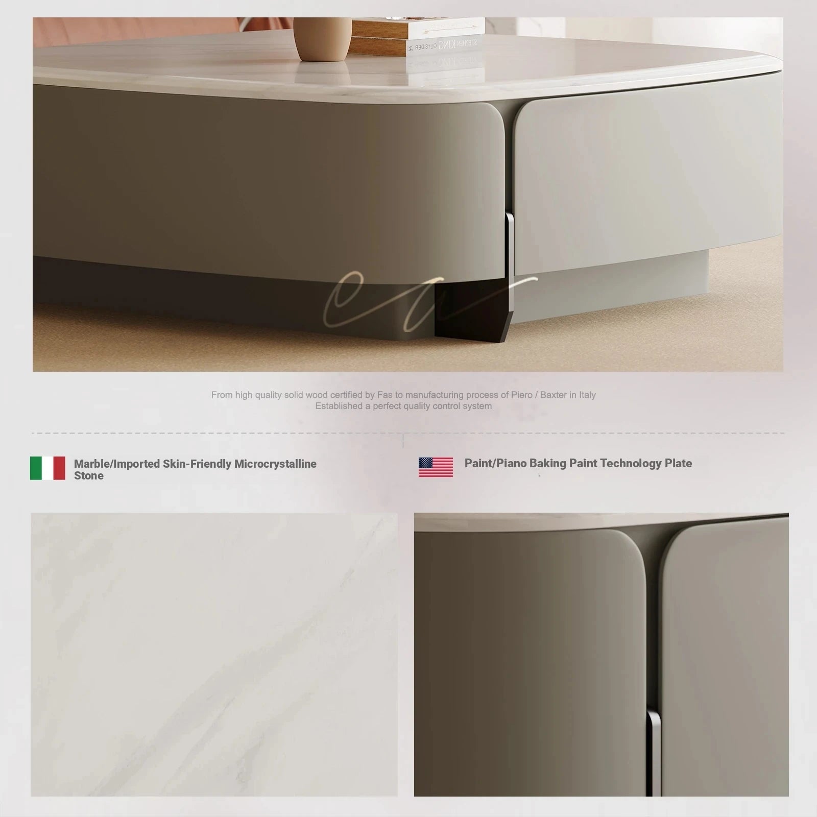 Modern Square Coffee Table in Stone Density Board with Stainless Accents - Elegant Living Room Centerpiece fjd-4691