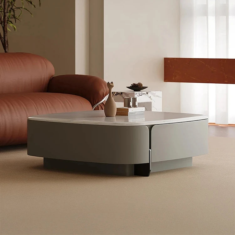 Modern Square Coffee Table in Stone Density Board with Stainless Accents - Elegant Living Room Centerpiece fjd-4691