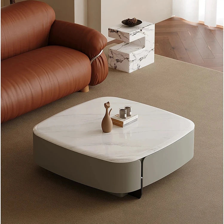 Modern Square Coffee Table in Stone Density Board with Stainless Accents - Elegant Living Room Centerpiece fjd-4691