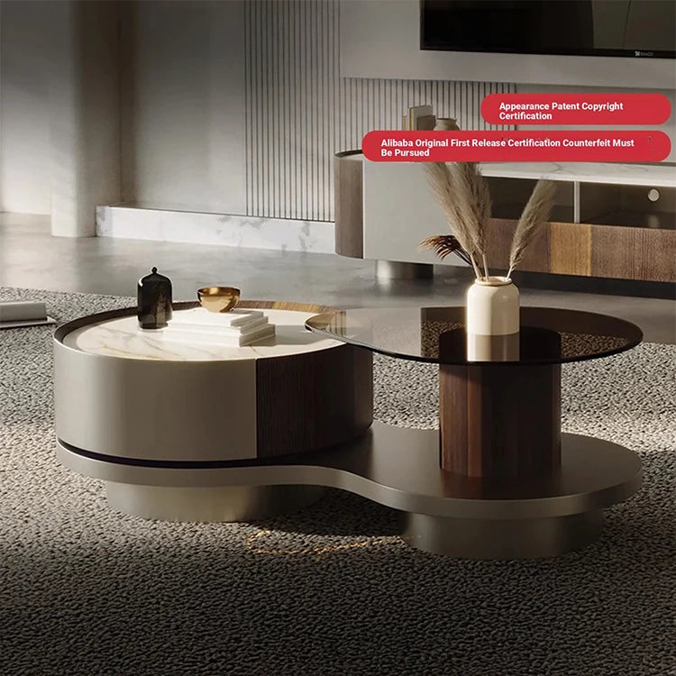 Modern Sintered Stone Coffee Table with Unique Design - Stylish Glass Top & Elegant Base fjd-4693