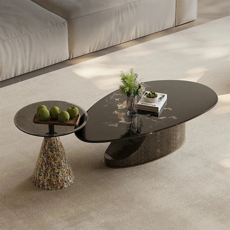 Elegant Stone and Tempered Glass Coffee Table – Modern Living Room Centerpiece fjd-4706