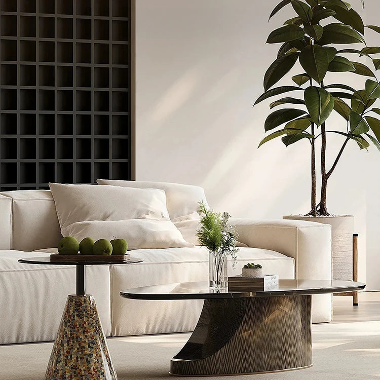 Elegant Stone and Tempered Glass Coffee Table – Modern Living Room Centerpiece fjd-4706