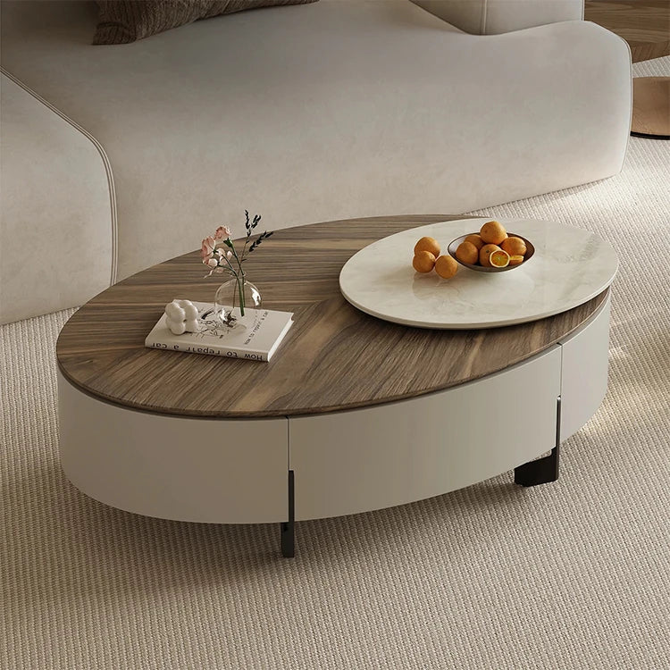 Modern Oval Coffee Table with Marble Pine Top and Storage - Stylish Living Room Furniture fjd-4710