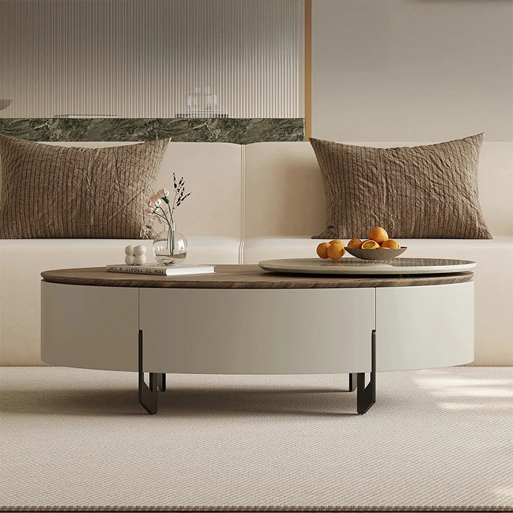 Modern Oval Coffee Table with Marble Pine Top and Storage - Stylish Living Room Furniture fjd-4710