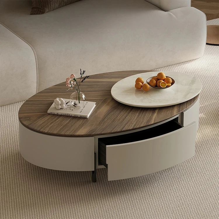 Modern Oval Coffee Table with Marble Pine Top and Storage - Stylish Living Room Furniture fjd-4710