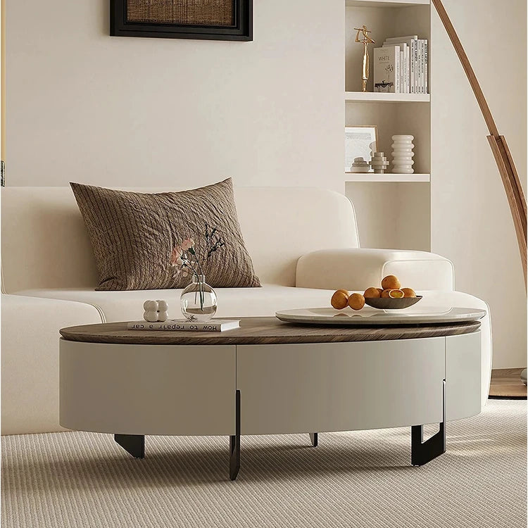 Modern Oval Coffee Table with Marble Pine Top and Storage - Stylish Living Room Furniture fjd-4710