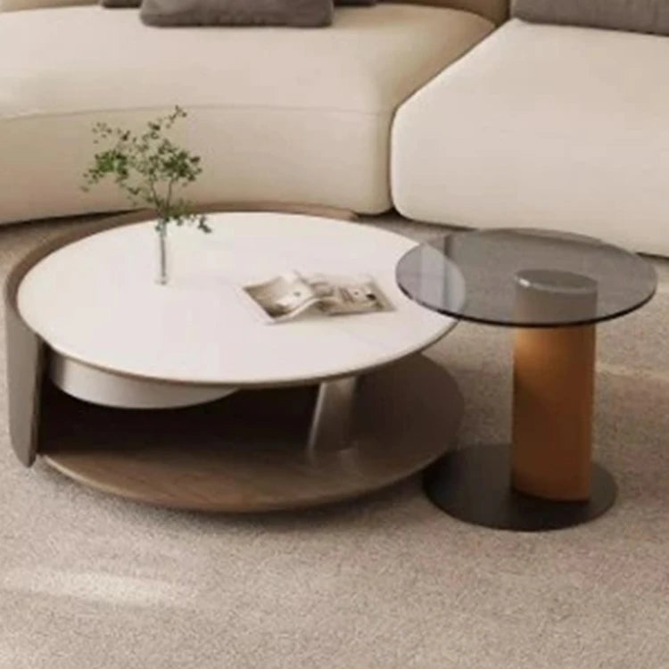 Stylish Stone and Stainless Steel Coffee Table with Tempered Glass and Synthetic Leather Accents – Perfect for Modern Living Rooms! fjd-4711