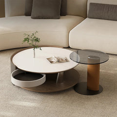 Stylish Stone and Stainless Steel Coffee Table with Tempered Glass and Synthetic Leather Accents – Perfect for Modern Living Rooms! fjd-4711
