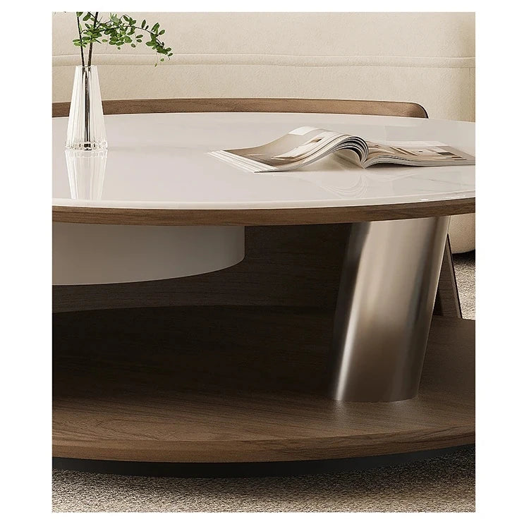 Stylish Stone and Stainless Steel Coffee Table with Tempered Glass and Synthetic Leather Accents – Perfect for Modern Living Rooms! fjd-4711