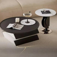 Stylish Marble and Pine Coffee Table with Sleek Stainless Accents - Modern Living Room Centerpiece fjd-4713