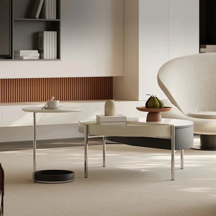 Stylish Modern Coffee Table Set with Synthetic Leather and Stone Accent - Versatile Living Room Furniture fjd-4715