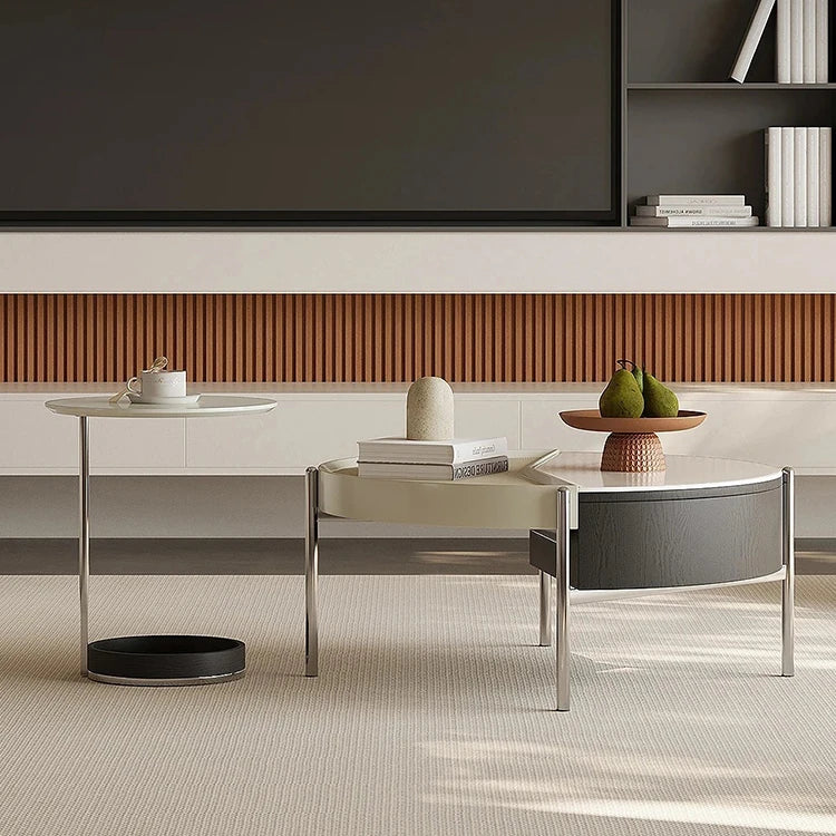 Stylish Modern Coffee Table Set with Synthetic Leather and Stone Accent - Versatile Living Room Furniture fjd-4715