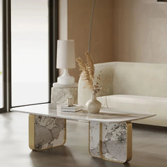 Sleek Sintered Stone Coffee Table with Stylish Stainless Glass Base – Modern Living Room Centerpiece fjd-4719