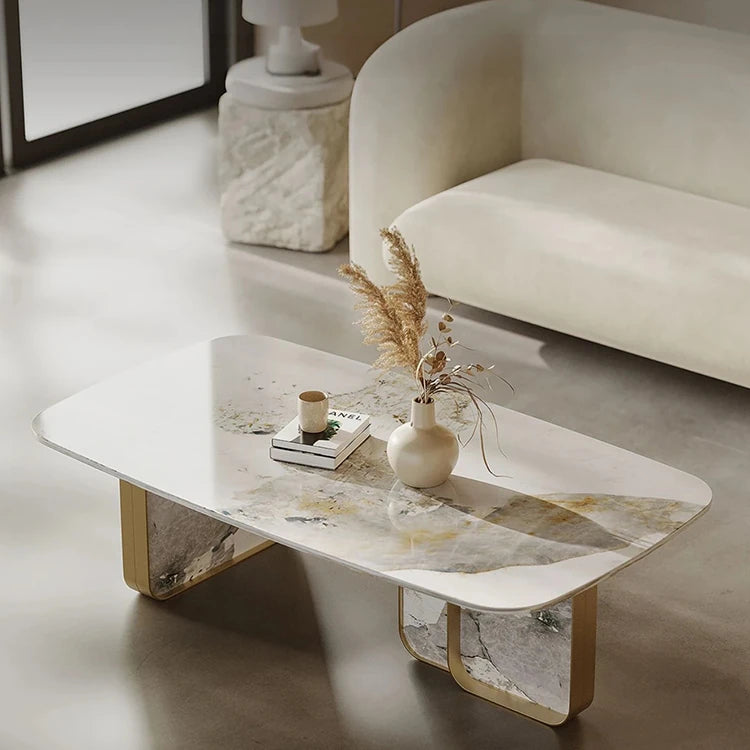 Sleek Sintered Stone Coffee Table with Stylish Stainless Glass Base – Modern Living Room Centerpiece fjd-4719