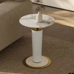 Elegant Sintered Stone Coffee Table with Synthetic Leather Base and Gold Accents - Modern Centerpiece for Living Room Decor fjd-4725