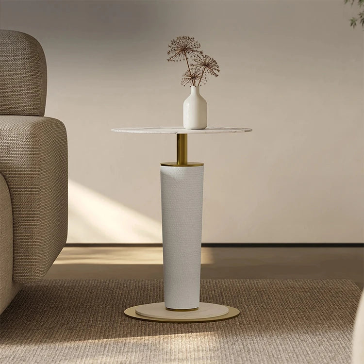 Elegant Sintered Stone Coffee Table with Synthetic Leather Base and Gold Accents - Modern Centerpiece for Living Room Decor fjd-4725