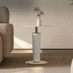 Elegant Sintered Stone Coffee Table with Synthetic Leather Base and Gold Accents - Modern Centerpiece for Living Room Decor fjd-4725