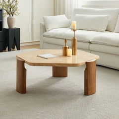 Modern Ash Wood Coffee Table with Marble Top - Elegant Living Room Centerpiece fjnw-4534