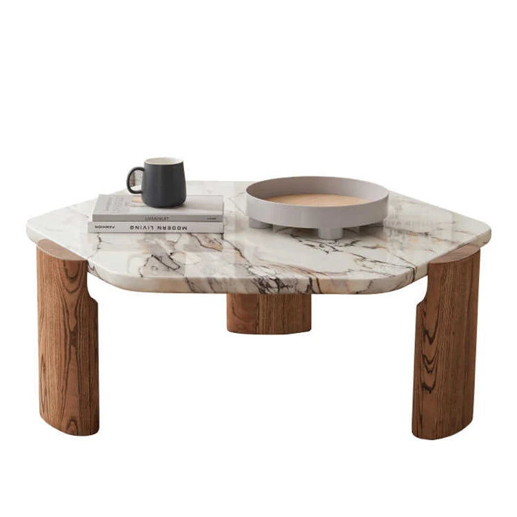 Modern Ash Wood Coffee Table with Marble Top - Elegant Living Room Centerpiece fjnw-4534