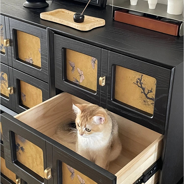 Vintage Pine Wood Cabinet with Silk Panels - Elegant Storage Solution fjnw-4543