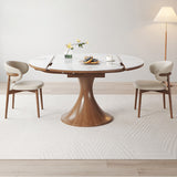 Modern Round Oak Wood Dining Table with Extendable Sintered Stone Top & Pedestal for 6-8 People fmbs-003