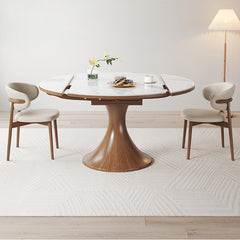 Modern Round Oak Wood Dining Table with Extendable Sintered Stone Top & Pedestal for 6-8 People fmbs-003