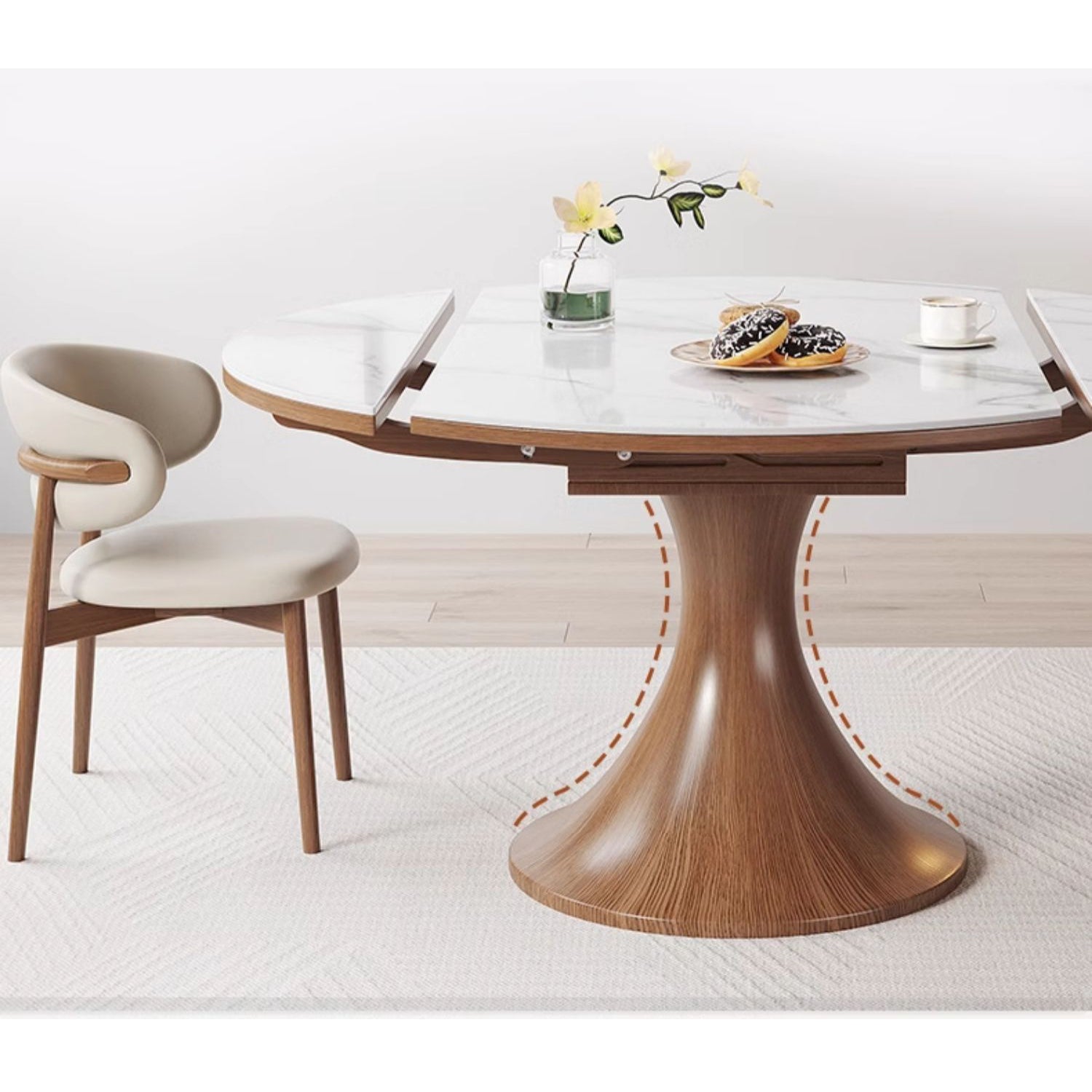 Modern Round Oak Wood Dining Table with Extendable Sintered Stone Top & Pedestal for 6-8 People fmbs-003