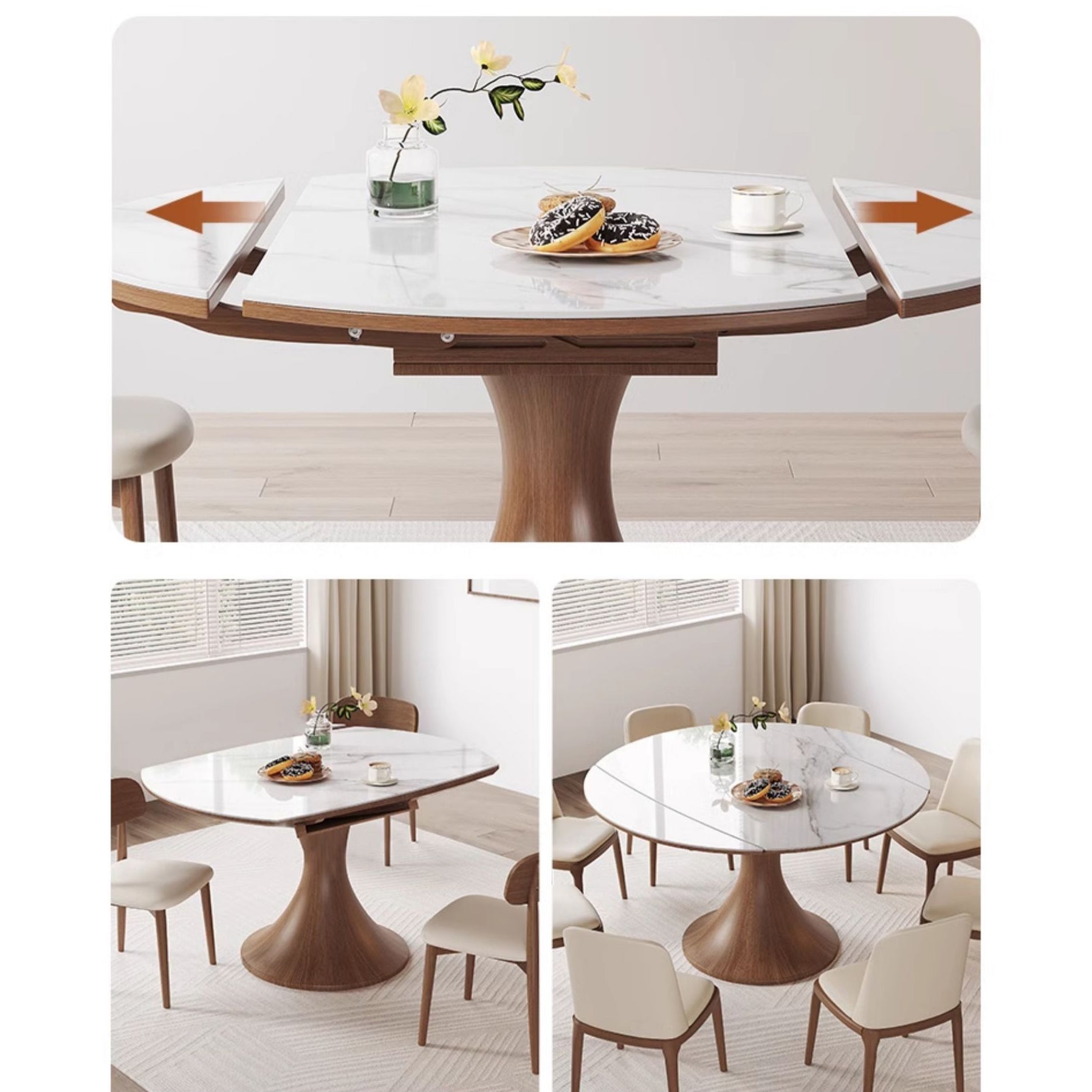 Modern Round Oak Wood Dining Table with Extendable Sintered Stone Top & Pedestal for 6-8 People fmbs-003