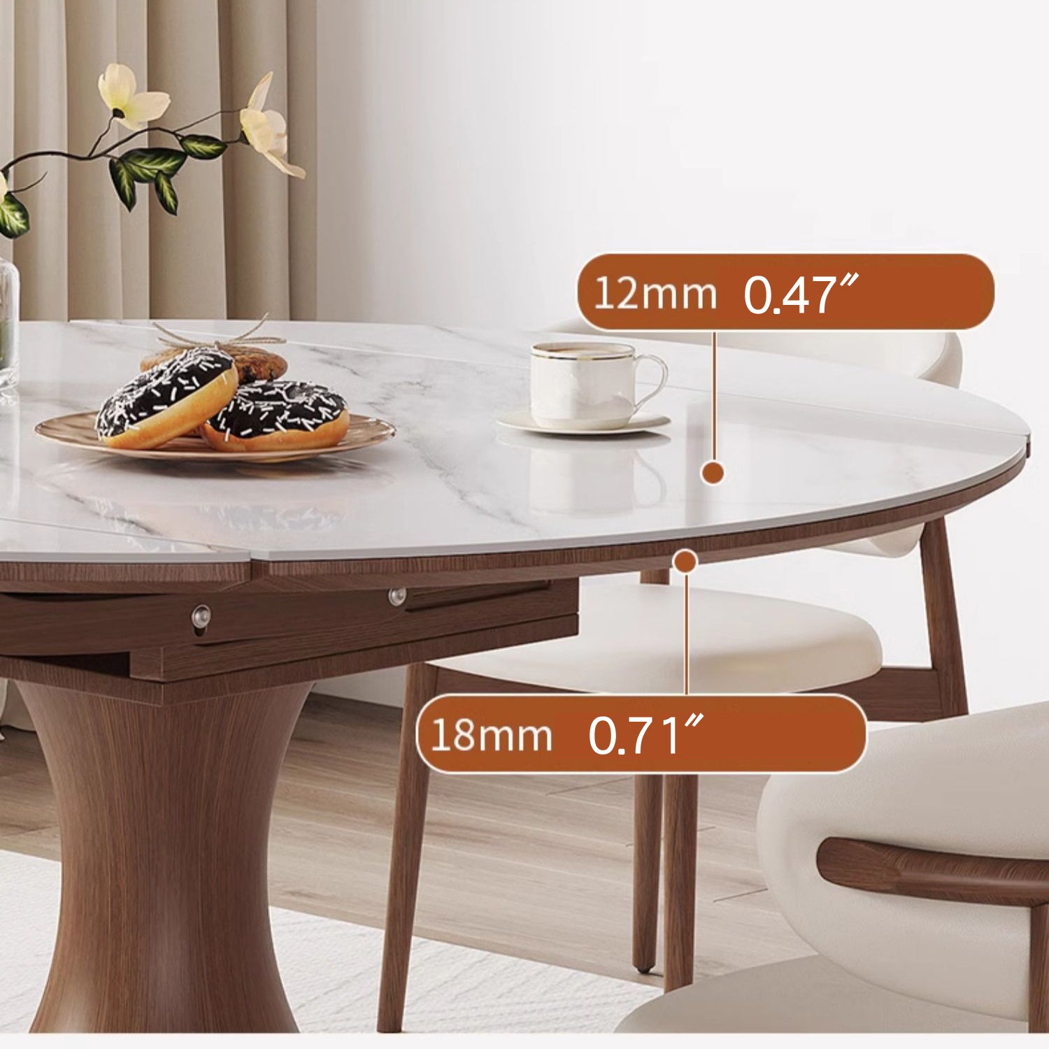 Modern Round Oak Wood Dining Table with Extendable Sintered Stone Top & Pedestal for 6-8 People fmbs-003