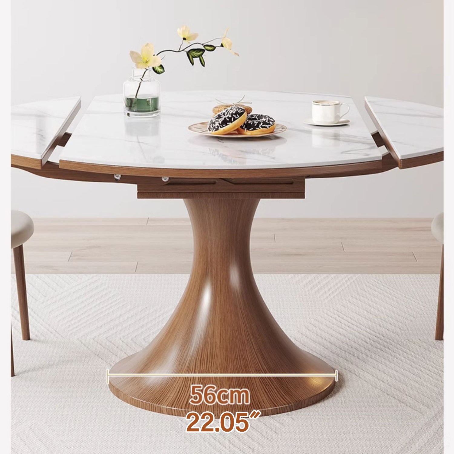 Modern Round Oak Wood Dining Table with Extendable Sintered Stone Top & Pedestal for 6-8 People fmbs-003