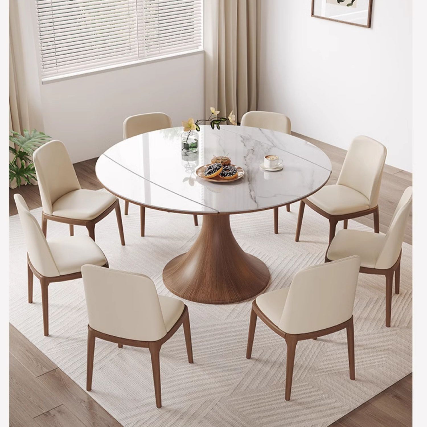 Modern Round Oak Wood Dining Table with Extendable Sintered Stone Top & Pedestal for 6-8 People fmbs-003