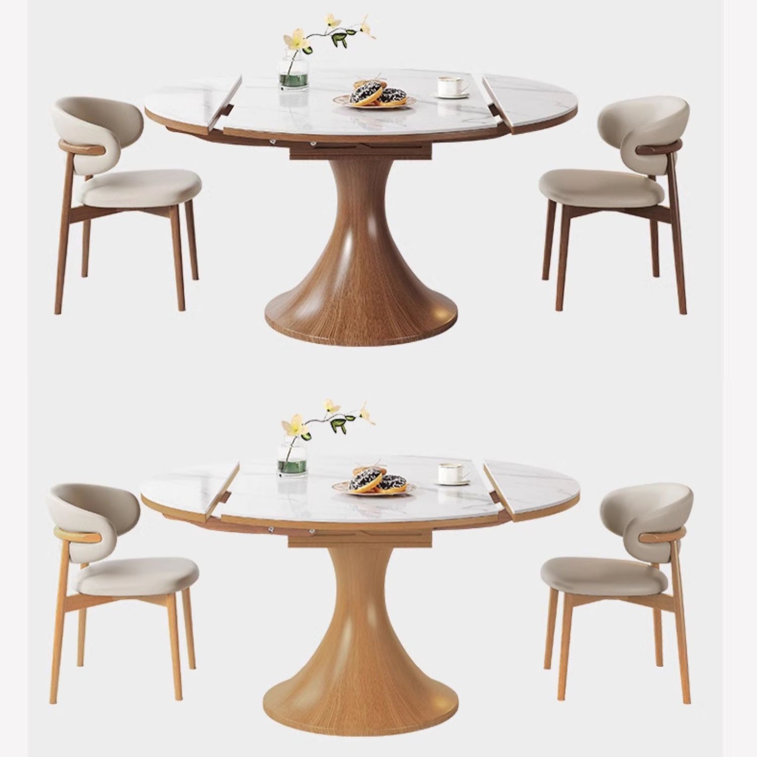 Modern Round Oak Wood Dining Table with Extendable Sintered Stone Top & Pedestal for 6-8 People fmbs-003