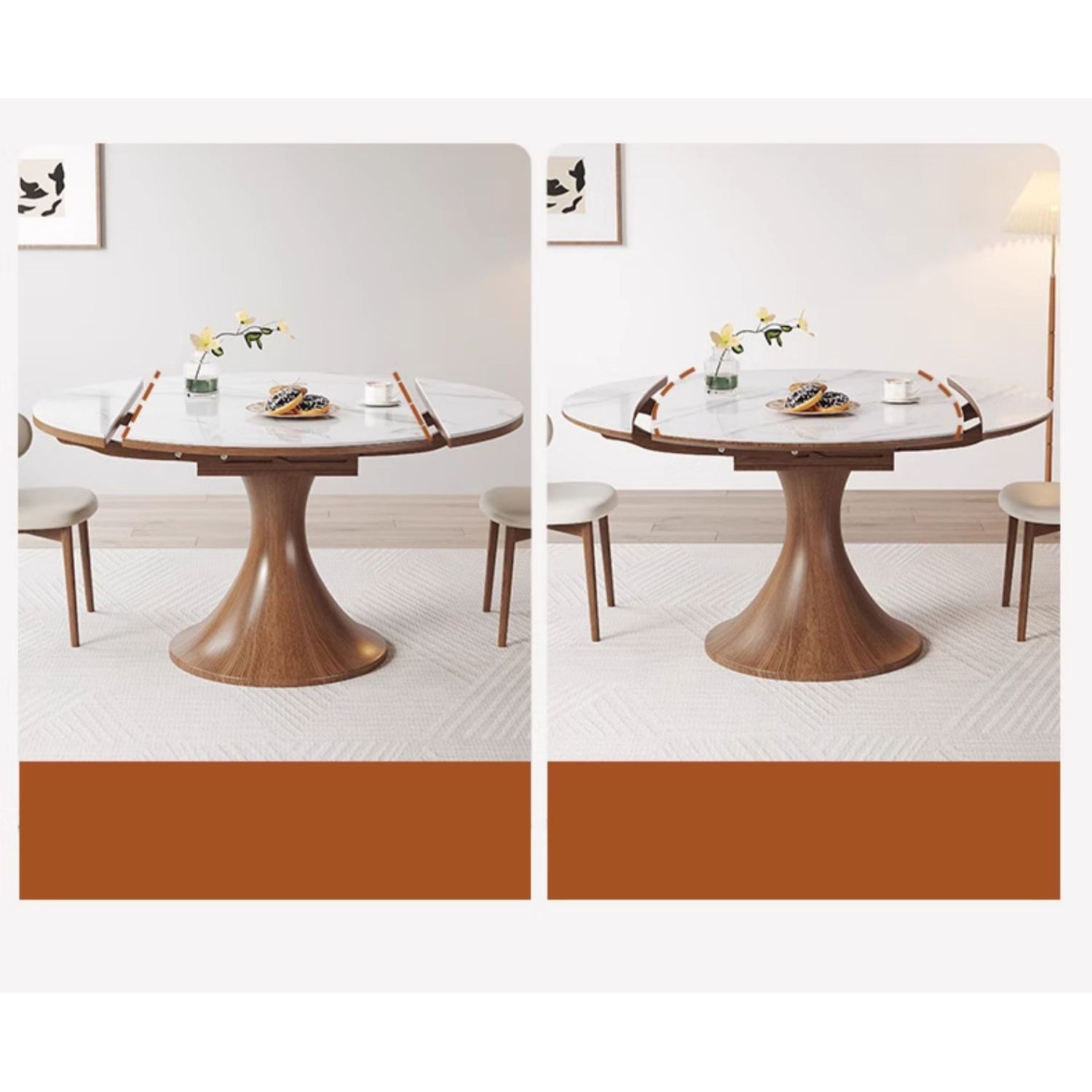 Modern Round Oak Wood Dining Table with Extendable Sintered Stone Top & Pedestal for 6-8 People fmbs-003