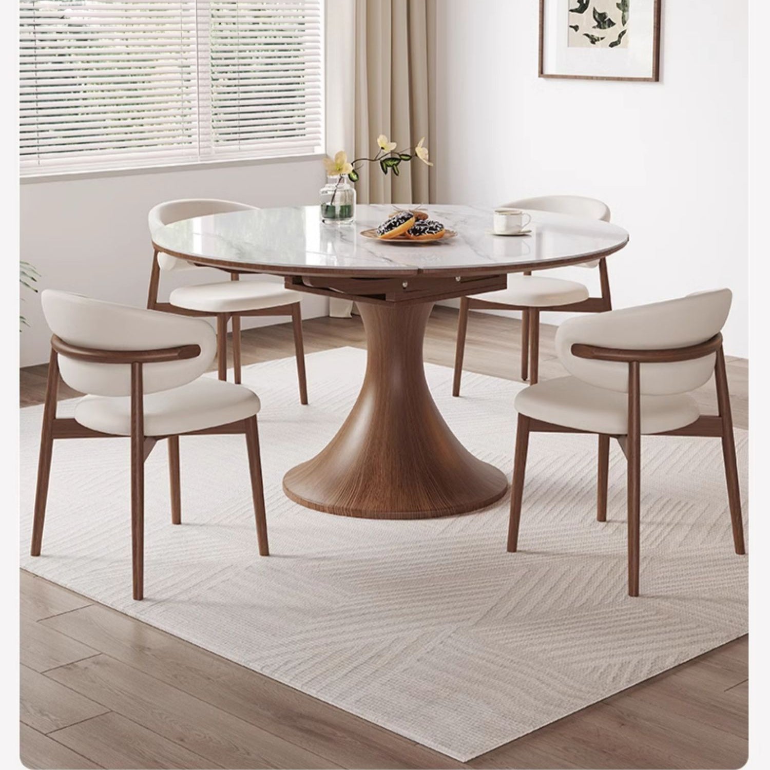 Modern Round Oak Wood Dining Table with Extendable Sintered Stone Top & Pedestal for 6-8 People fmbs-003