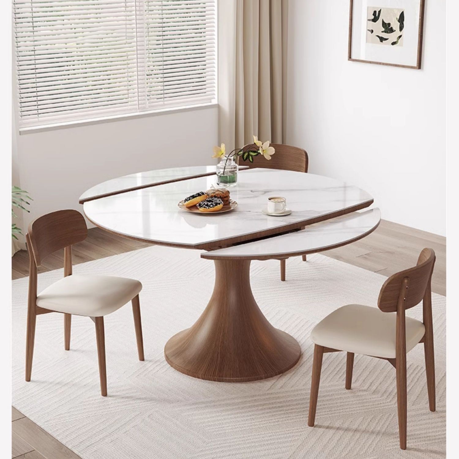 Modern Round Oak Wood Dining Table with Extendable Sintered Stone Top & Pedestal for 6-8 People fmbs-003