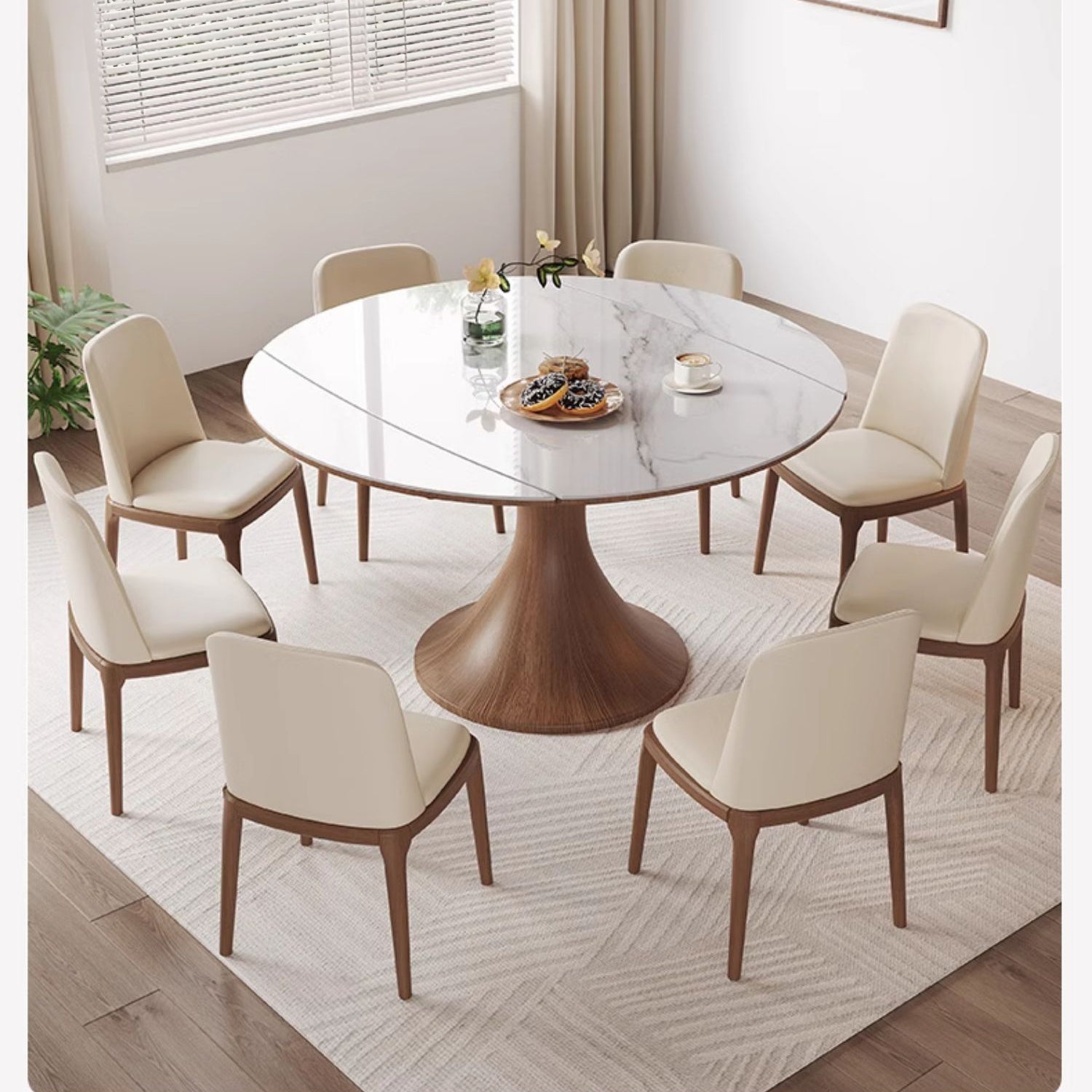 Modern Round Oak Wood Dining Table with Extendable Sintered Stone Top & Pedestal for 6-8 People fmbs-003